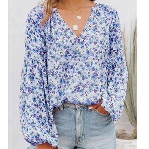 Blibea Blouse Women's Size Large Blue Floral Print Long Sleeve Boho Flowy